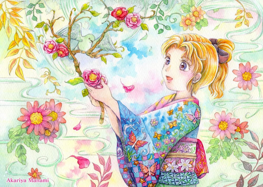 椿を持つ女の子とメジロ